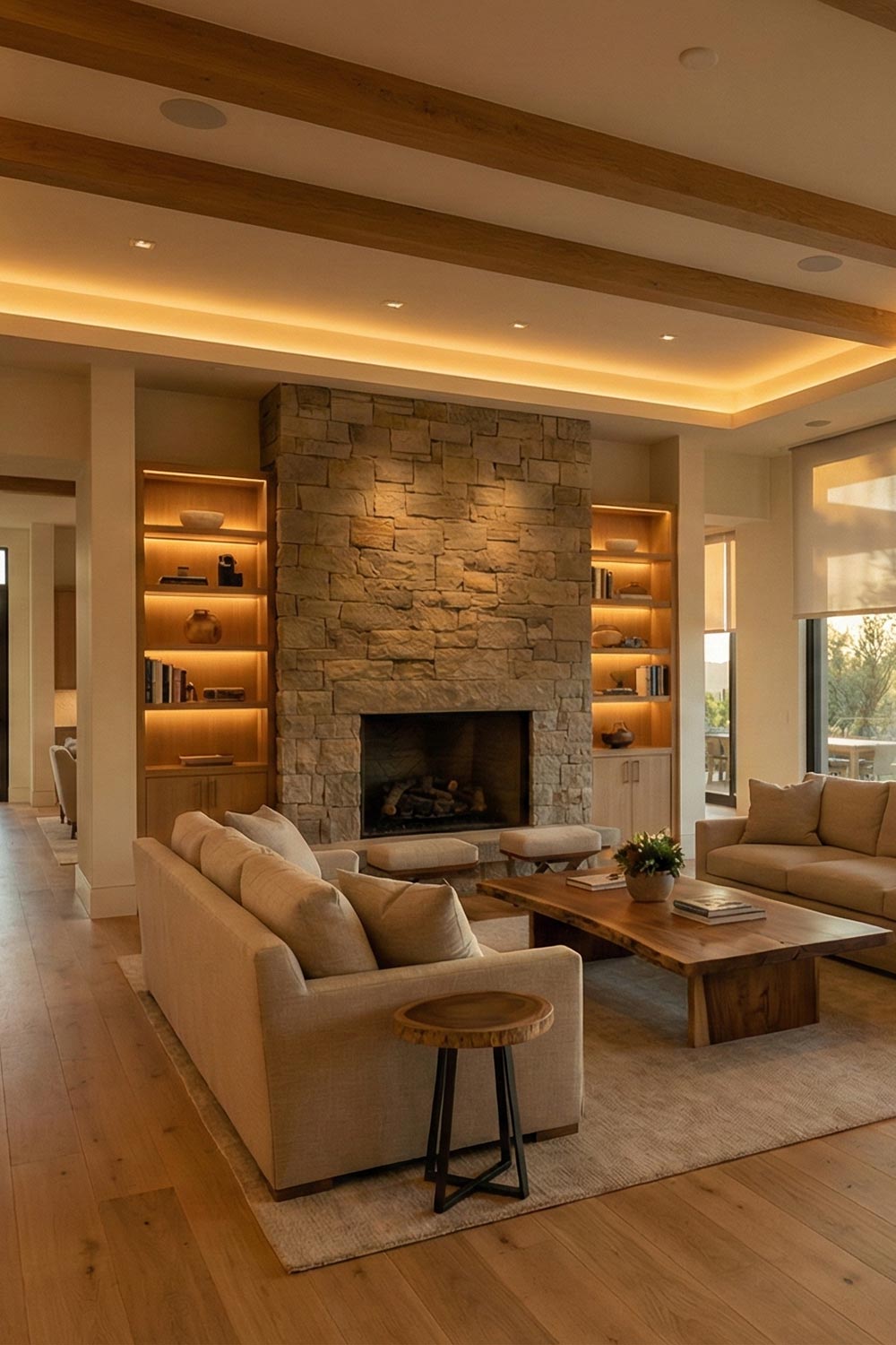 Warm living room with illuminated built-in shelving and stone fireplace